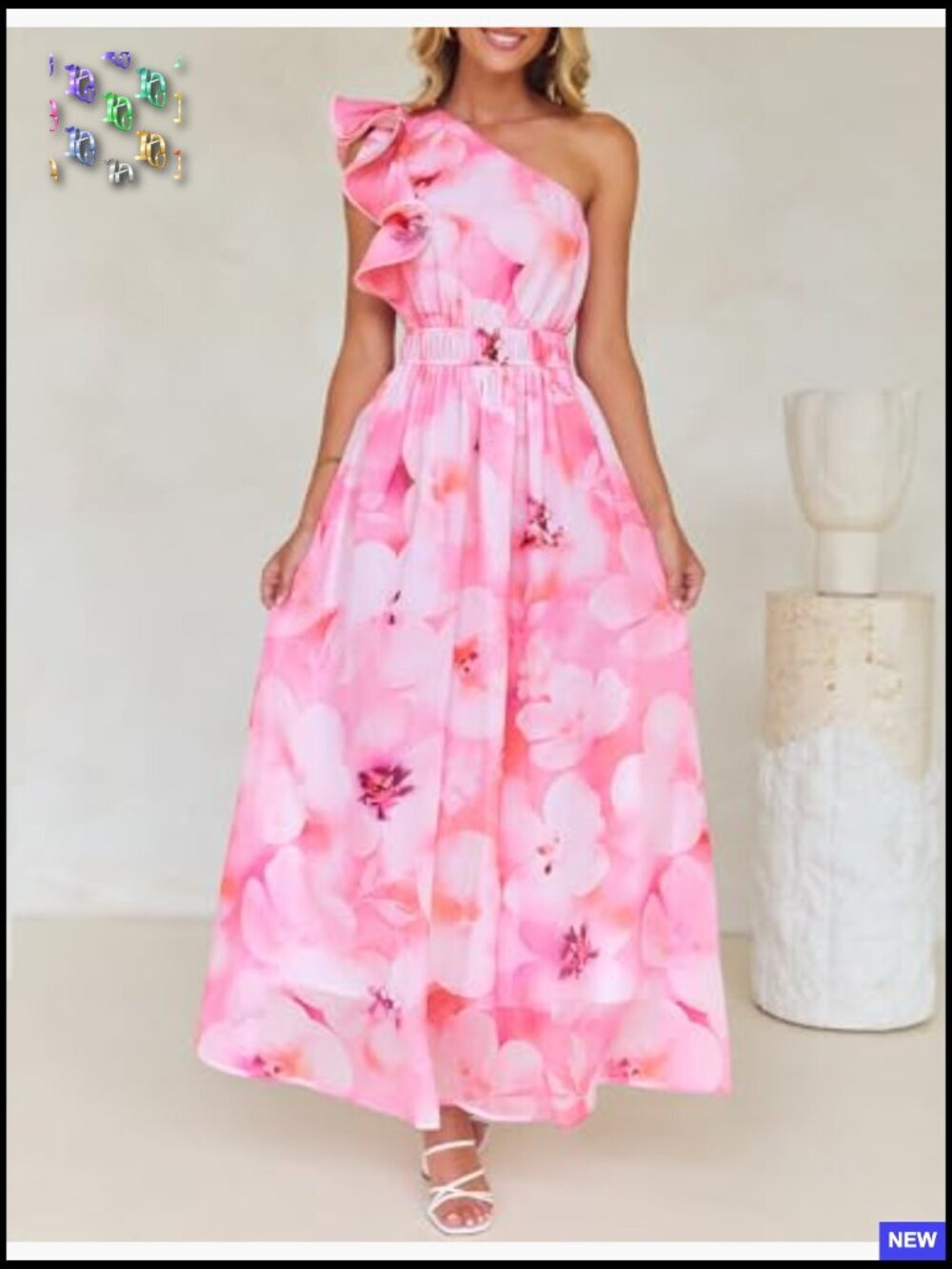Floral Maxi Dress Boho Chic One Shoulder Ruffle Sleeveless Wedding Guest - Picture 3 of 7
